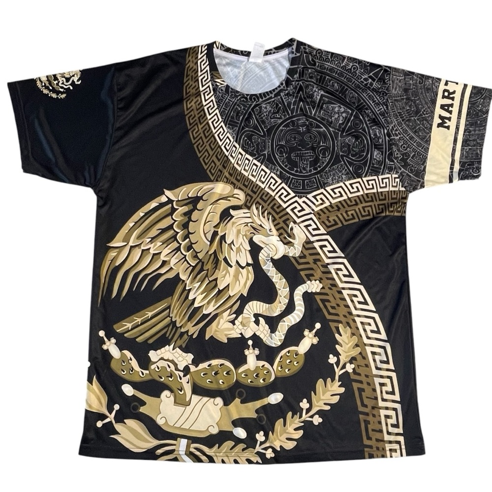 Mexico Aztec Graphic Black/Gold 3DCustom Martinez ,Eagle-Snake-Cactus T-shirt XL